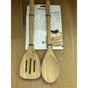 New KitchenAid Bamboo Short Turner Lifter Salad Tong Spoon Set 2 piece tool set